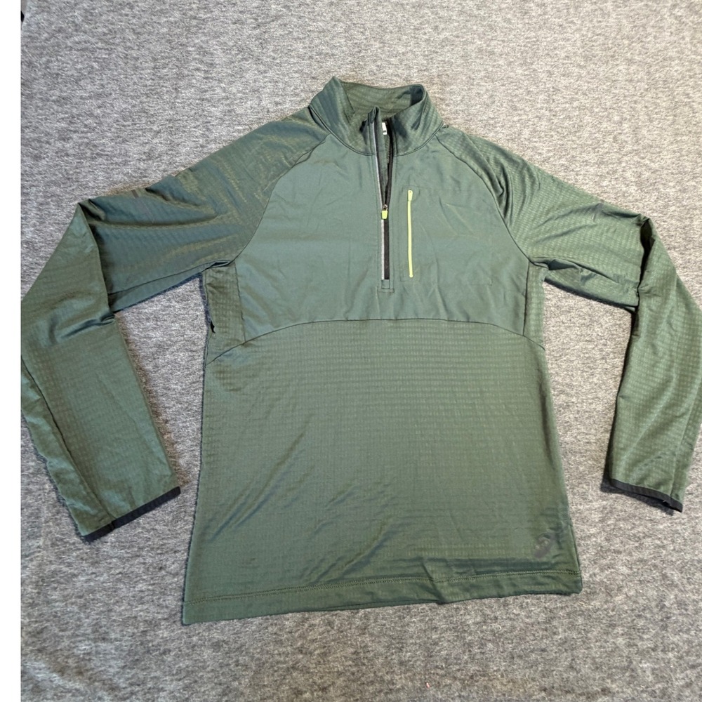 ASICS Mens Small 1/4 Zip Running Shirt Olive Green Long Sleeve Thumbhole Top